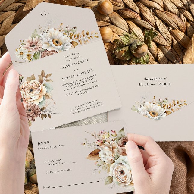 Rustic Floral Wedding Fall Country Flowers All In One Invitation (Wedding Invitation with RSVP from Rustic Floral Brown Neutral Wedding Collection by Darling & May)