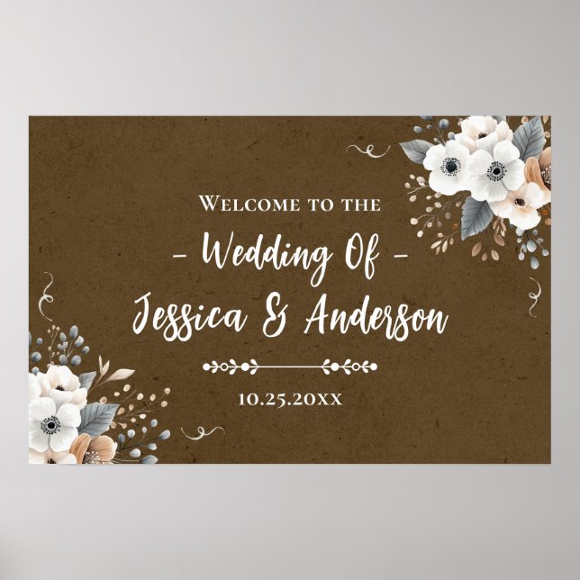 Rustic Floral Wedding Faux Kraft Paper Texture Poster (Front)