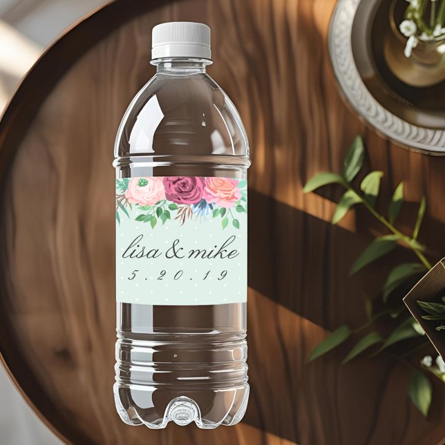 Rustic Floral Wedding Green Water Bottle Label (Creator Uploaded)