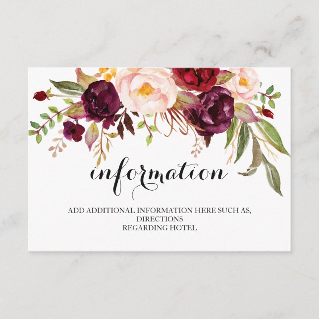 Rustic Floral Wedding Information/Details 2-Side-1 Enclosure Card (Front)