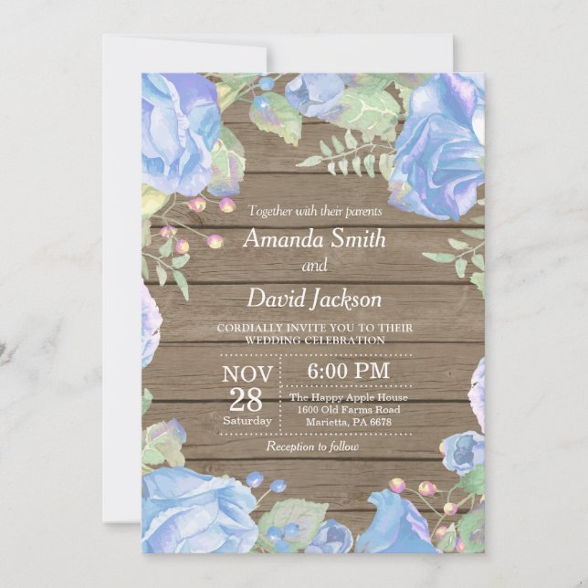 Rustic Floral Wedding Invitation Blue Watercolor (Front)
