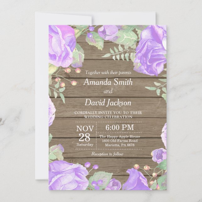 Rustic Floral Wedding Invitation Purple Watercolor (Front)