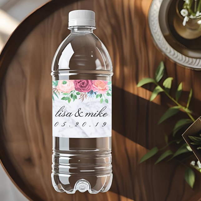 Rustic Floral Wedding Marble Water Bottle Label (Creator Uploaded)