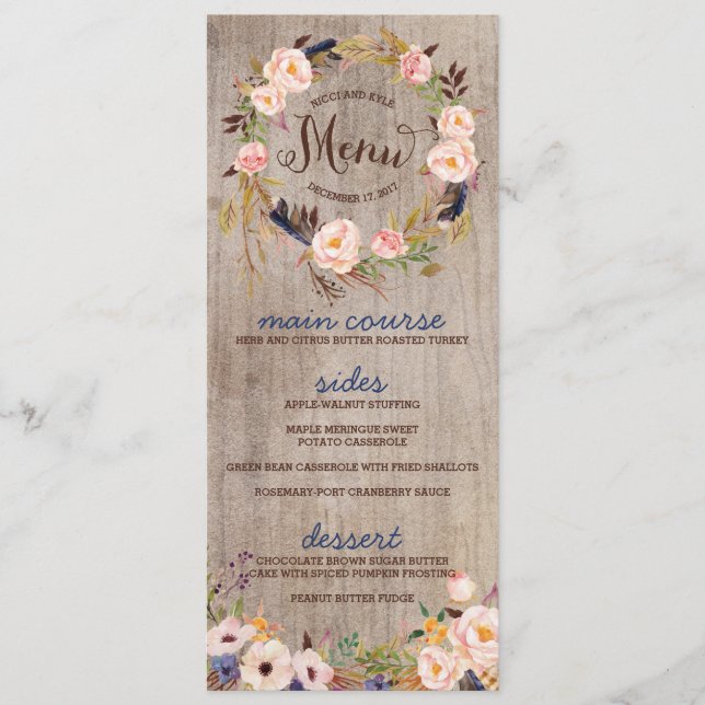 Rustic Floral Wedding Menu Cards (Front)