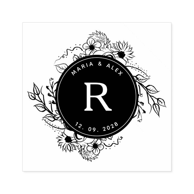 Rustic Floral Wedding Monogram Rubber Stamp (Imprint)