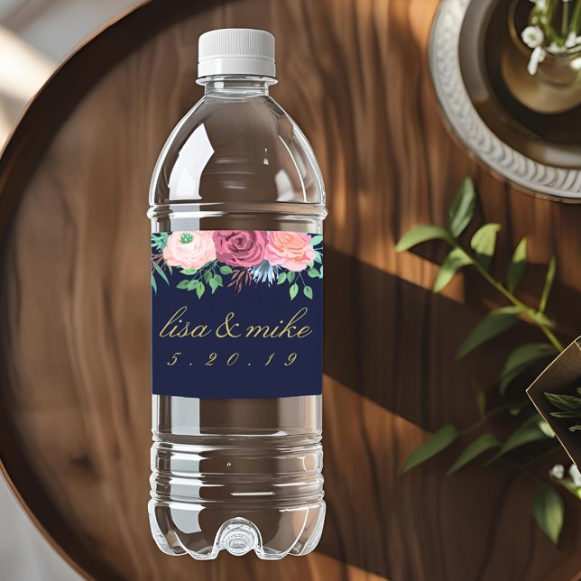 Rustic Floral Wedding Navy Water Bottle Label (Creator Uploaded)