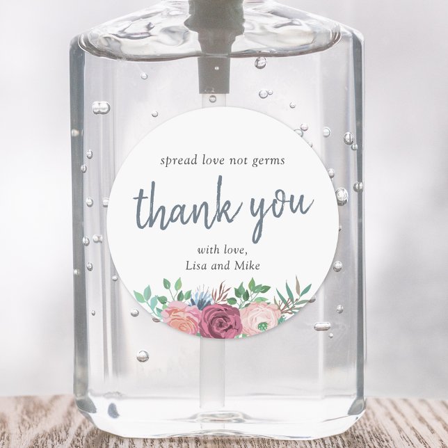 Rustic Floral Wedding Party Favour Hand Sanitizer Classic Round Sticker (Creator Uploaded)