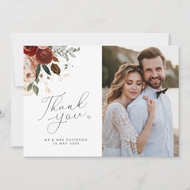 rustic floral wedding photo thank you card (Front)