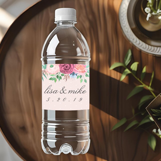 Rustic Floral Wedding Pink Water Bottle Label (Creator Uploaded)