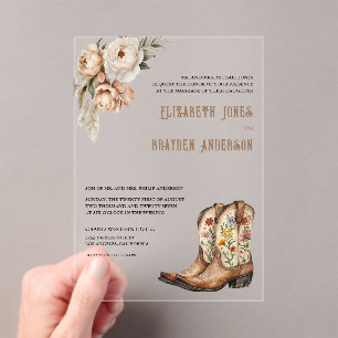 Rustic Floral Western Cowboy Boots Wedding Acrylic Invitations