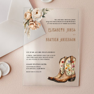 Rustic Floral Western Cowboy Boots Wedding Acrylic Invitations