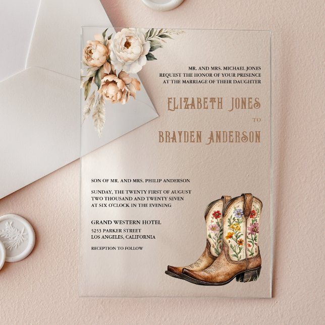 Rustic Floral Western Cowboy Boots Wedding Acrylic Invitations (Creator Uploaded)