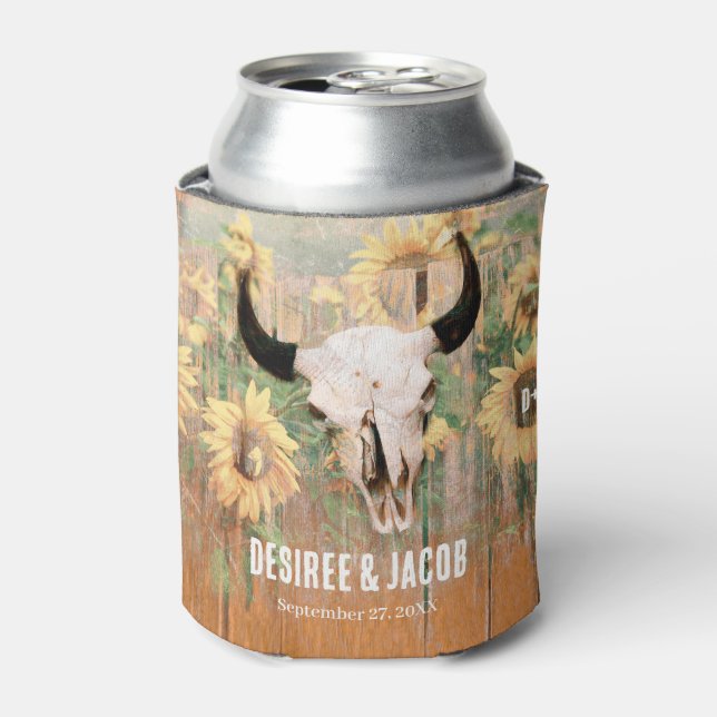 Rustic Floral Western Sunflowers Bull Skull Can Cooler (Can Front)