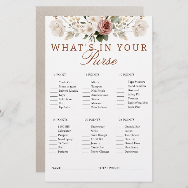 Rustic Floral What's In Your Purse Game Card (Front/Back)