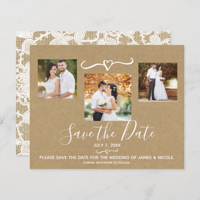 Rustic Floral White Lace Kraft Photo Save the Date (Front/Back)