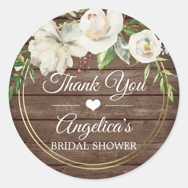 Rustic Floral White Wood Bridal Shower Thank You Classic Round Sticker (Front)