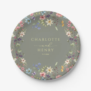 Rustic Floral Wildflowers Simple  Sage Wedding Paper Plate