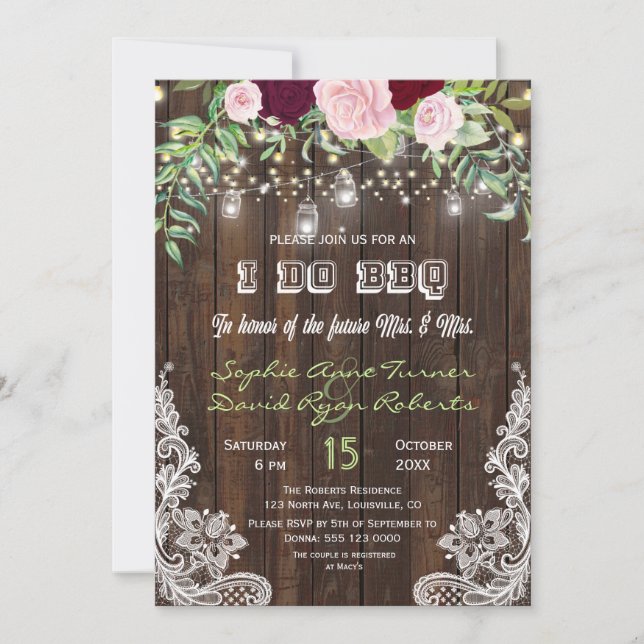 Rustic Floral Wood Mason Jar Lights I DO BBQ Invitation (Front)