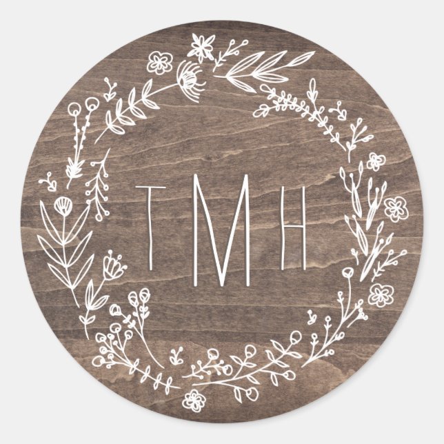 Rustic Floral Wood Monogram Sticker (Front)