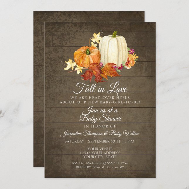 Rustic Floral Wood n Pumpkins Girl Baby Shower Invitation (Front/Back)