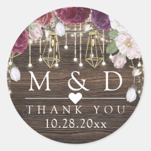 Rustic Floral Wood String lights Wedding Thank you Classic Round Sticker