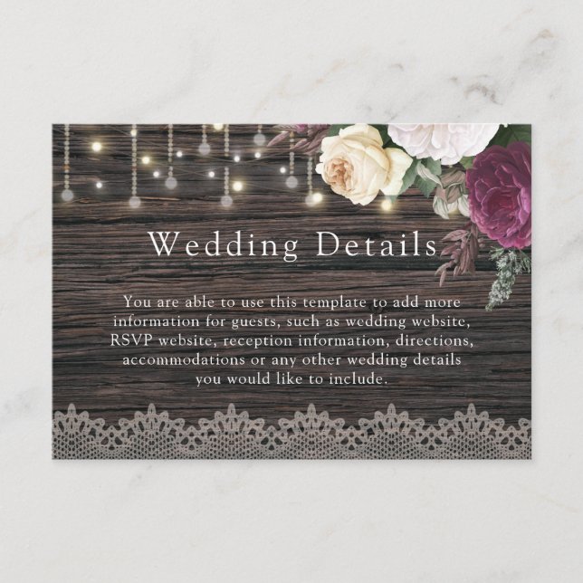 Rustic Floral wood Wedding Details Enclosure Card (Front)