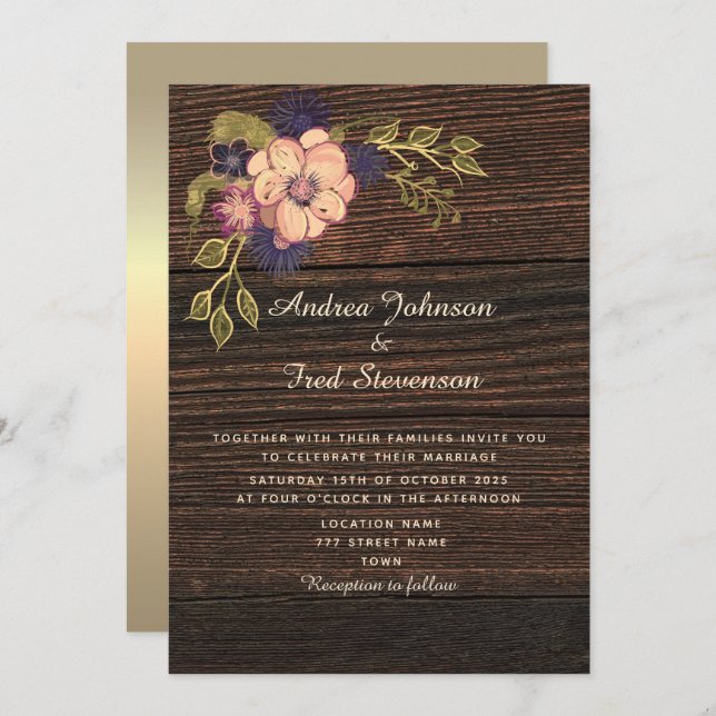 Rustic Floral Wood Wedding Invitation (Front/Back)
