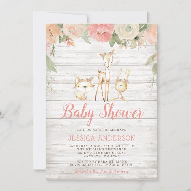 Rustic Floral Woodland Animals Girl Baby Shower Invitation (Front)