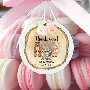 Rustic floral woodland cute animals girl birthday classic round sticker