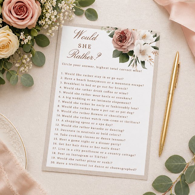 Rustic Floral Would She Rather Bridal Shower Game (Bridal Shower Game Card)