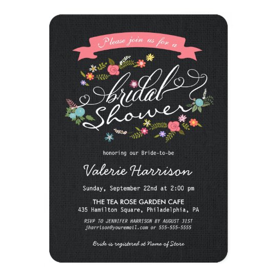 Rustic Floral Wreath Black Burlap Bridal Shower Card