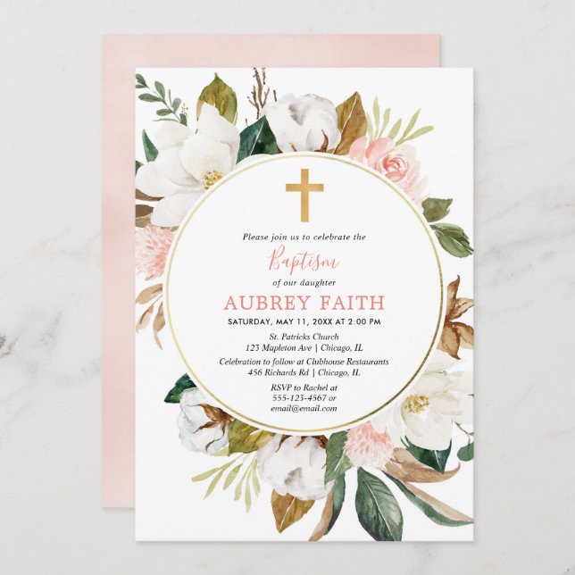 Rustic floral wreath blush pink white girl baptism invitation (Front/Back)