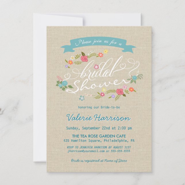 Rustic Floral Wreath Burlap Bridal Shower Invites (Front)