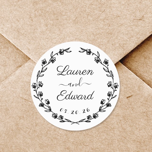 Rustic Floral Wreath Couple Names Wedding Classic Round Sticker (Creator Uploaded)