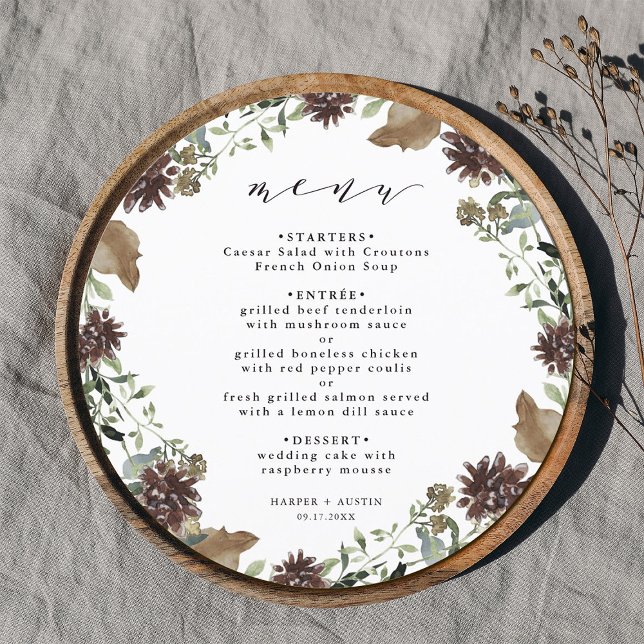 Rustic Floral Wreath Fall Winter Wedding Circle Menu (Creator Uploaded)