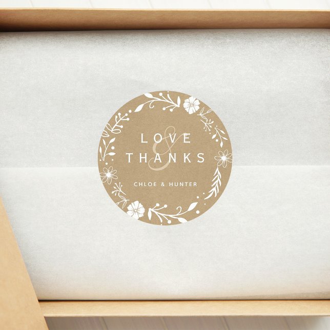 Rustic Floral Wreath Faux Kraft Wedding Thank You Classic Round Sticker (Creator Uploaded)