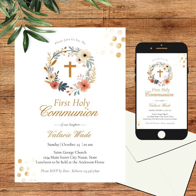 Rustic Floral Wreath First Communion Invitations (Creator Uploaded)