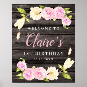 Rustic Floral Wreath Girls Birthday Party Sign