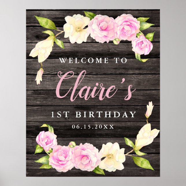 Rustic Floral Wreath Girls Birthday Party Sign (Front)