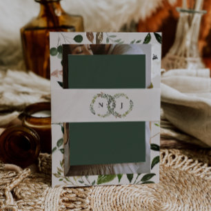 Rustic floral wreath initials wedding invitation belly band