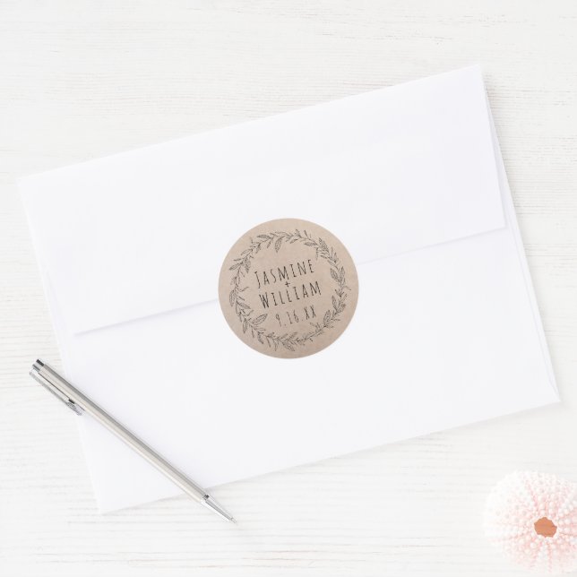 Rustic Floral Wreath Kraft Paper Personalised Date Classic Round Sticker (Envelope)