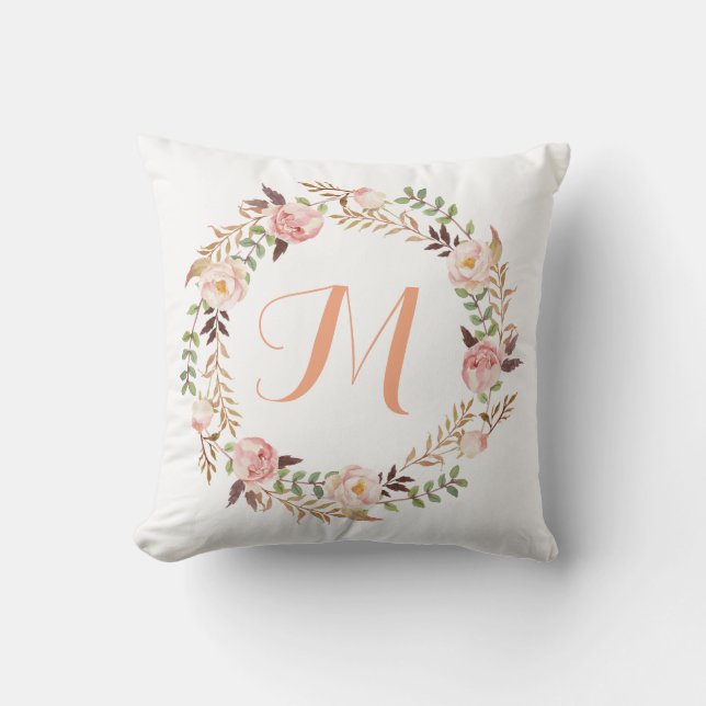 Rustic Floral Wreath Monogram Cushion (Front)