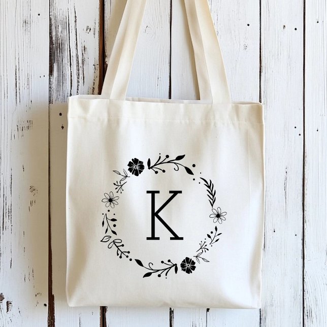 Rustic Floral Wreath Monogram Tote Bag (Creator Uploaded)