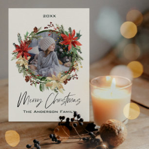 Rustic Floral Wreath Photo Merry Christmas Holiday Card