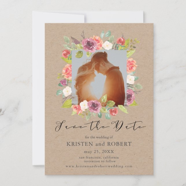 Rustic Floral Wreath Photo Save The Date Card (Front)