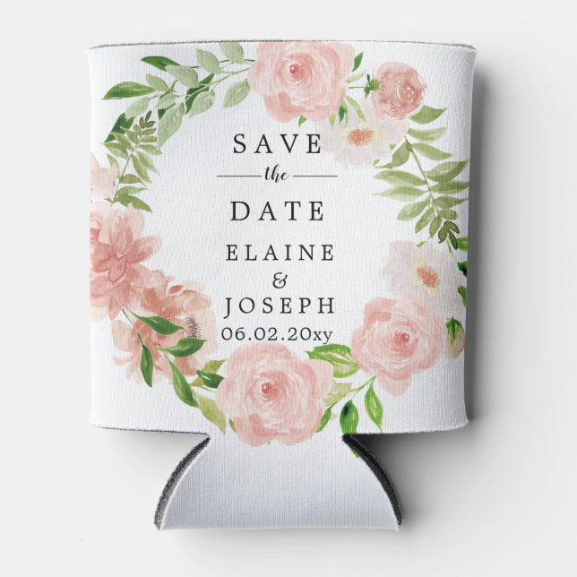 Rustic Floral Wreath Save The Date Photo Can Cooler (Front)