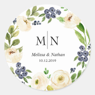 Rustic Floral Wreath Wedding Monogram Stickers