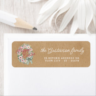 Rustic Floral Wreath White Sage Green Plaid Bow Return Address Label