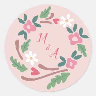 Rustic Floral Wreath with Monogram Classic Round Sticker