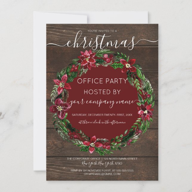 Rustic Floral Wreath Wood Corporate Christmas Invitation (Front)